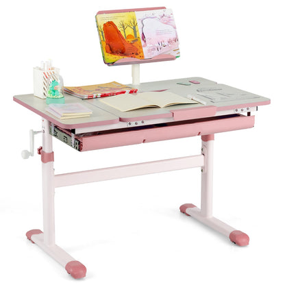 Costway Height-Adjustable Kids Desk with Tilt Desktop and Book Stand for Writing Drawing Reading-Pink