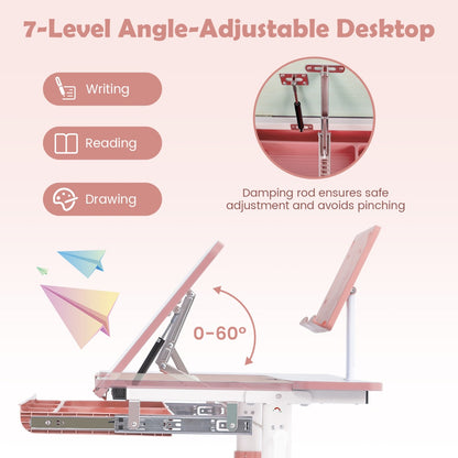 Costway Height-Adjustable Kids Desk with Tilt Desktop and Book Stand for Writing Drawing Reading-Pink