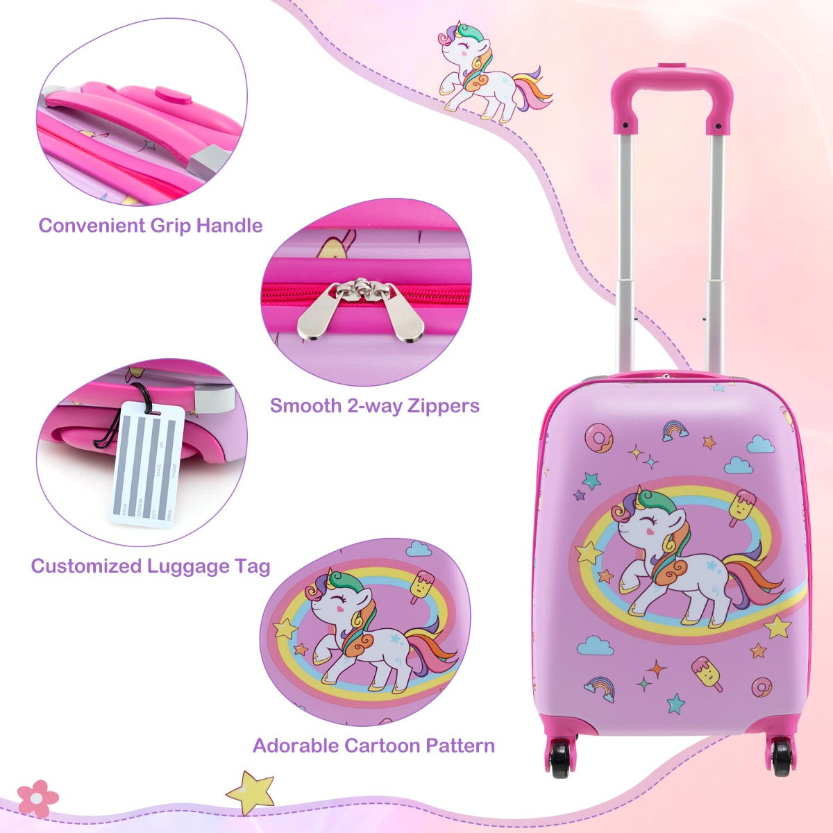 5 Piece Kids Luggage Set with Backpack and Neck Pillow &amp;amp; Name Tag-Pink