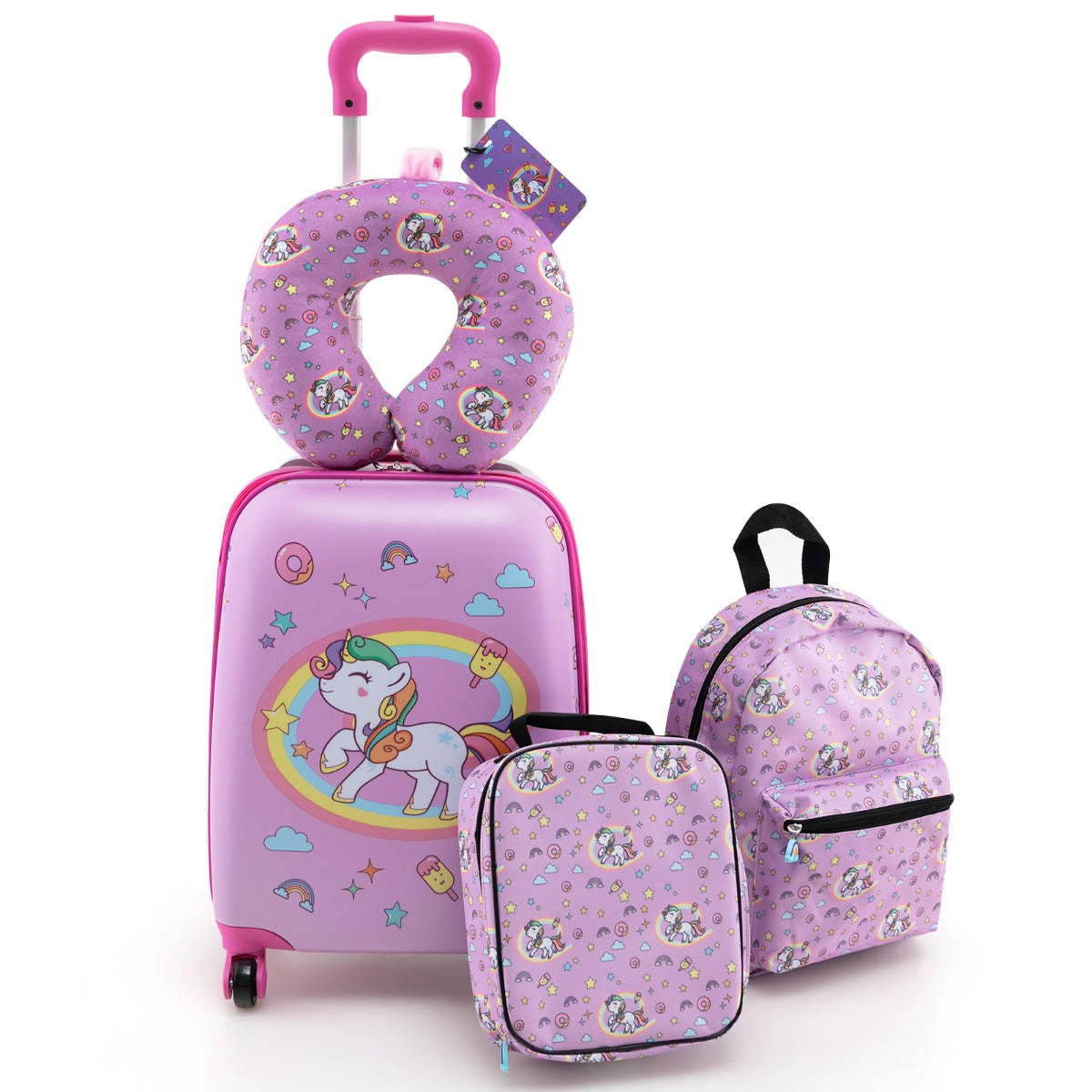 5 Piece Kids Luggage Set with Backpack and Neck Pillow &amp;amp; Name Tag-Pink