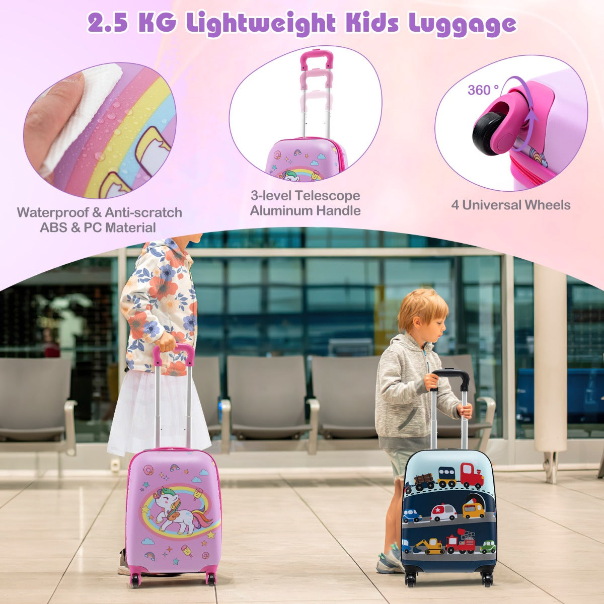 5 Piece Kids Luggage Set with Backpack and Neck Pillow &amp;amp; Name Tag-Pink