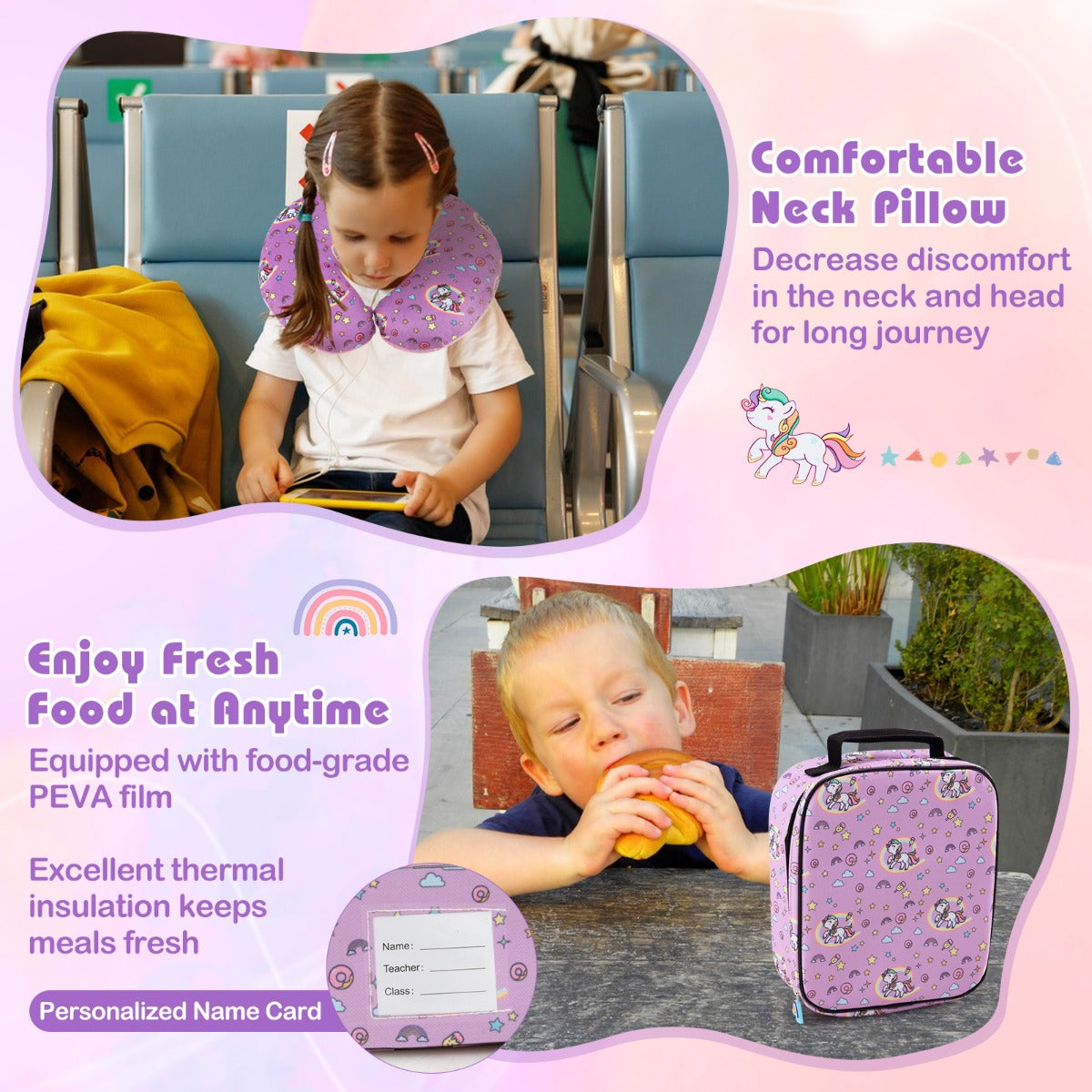 5 Piece Kids Luggage Set with Backpack and Neck Pillow &amp;amp; Name Tag-Pink