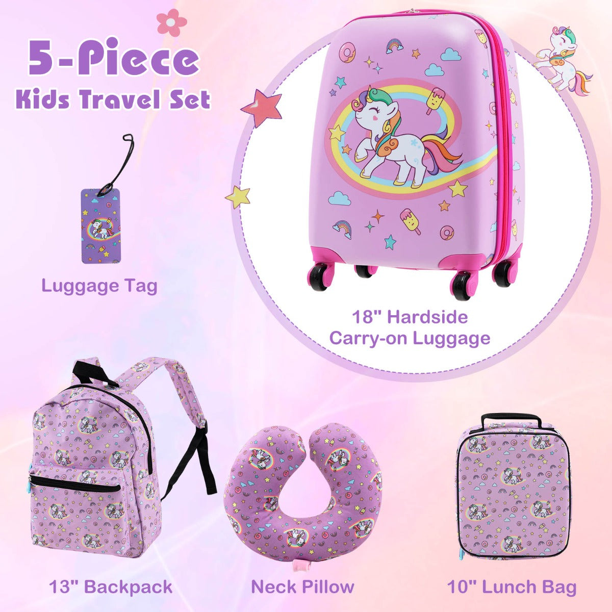 5 Piece Kids Luggage Set with Backpack and Neck Pillow &amp;amp; Name Tag-Pink