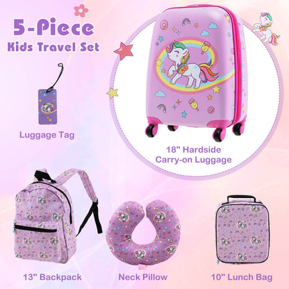 5 Piece Kids Luggage Set with Backpack and Neck Pillow &amp;amp; Name Tag-Pink