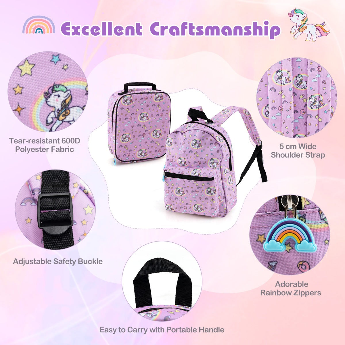 5 Piece Kids Luggage Set with Backpack and Neck Pillow &amp;amp; Name Tag-Pink