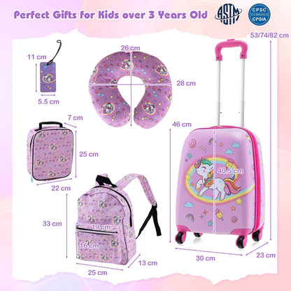5 Piece Kids Luggage Set with Backpack and Neck Pillow &amp;amp; Name Tag-Pink