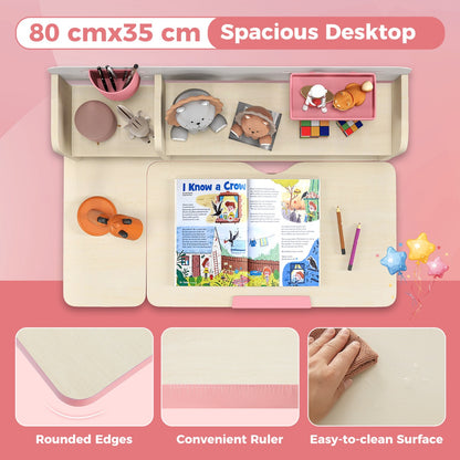 Costway Height Adjustable Children Study Desk with Tilt Desktop for 3-12 Years Old-Pink