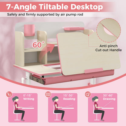 Costway Height Adjustable Children Study Desk with Tilt Desktop for 3-12 Years Old-Pink