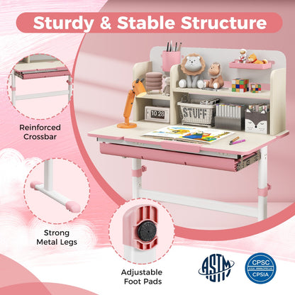 Costway Height Adjustable Children Study Desk with Tilt Desktop for 3-12 Years Old-Pink