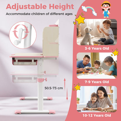 Costway Height Adjustable Children Study Desk with Tilt Desktop for 3-12 Years Old-Pink