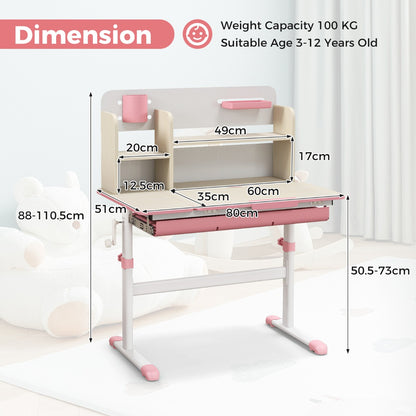 Costway Height Adjustable Children Study Desk with Tilt Desktop for 3-12 Years Old-Pink
