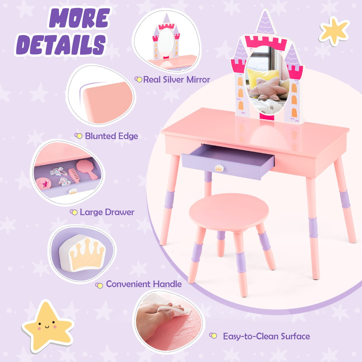 Princess Makeup Dressing Table with Drawer and Mirror-Pink