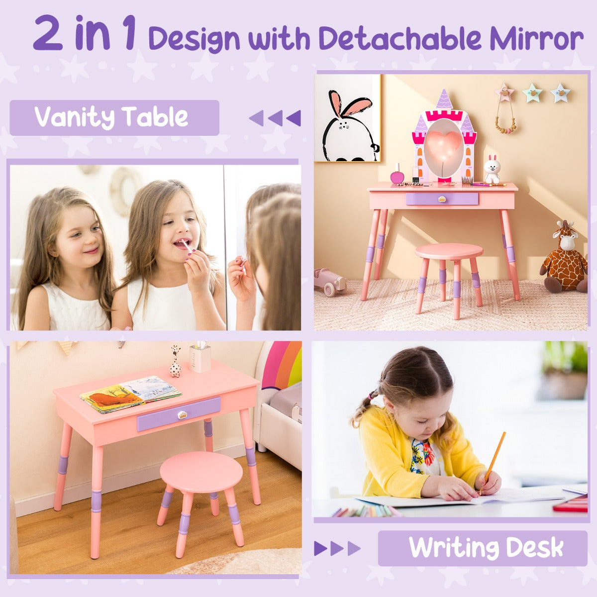 Princess Makeup Dressing Table with Drawer and Mirror-Pink