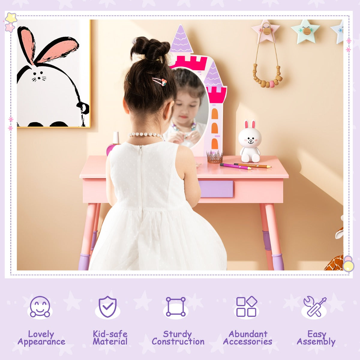 Princess Makeup Dressing Table with Drawer and Mirror-Pink