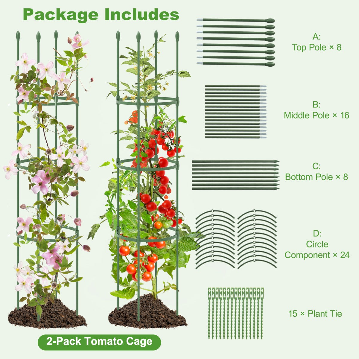 2-in-1 Plant Cage and Supports for Climbing Vines Flowers Potted Plants Vegetables Fruits