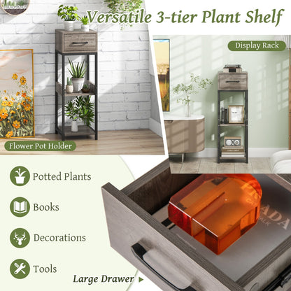 Costway 2 Pack 3 Tier Indoor Corner Tall Plant Stand with Drawer-Grey