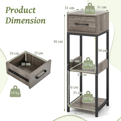 Three-tier gray and black plant stand with open shelves, storage drawer, anti-tipping devices, and faux wood finish