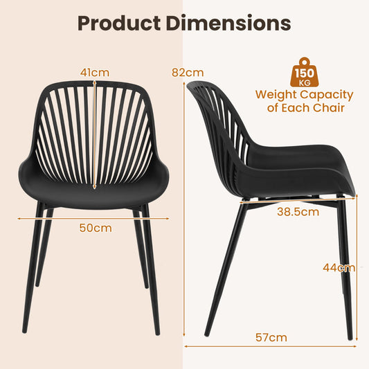 Set of four black plastic dining chairs with curved cutout backs and reinforced metal legs