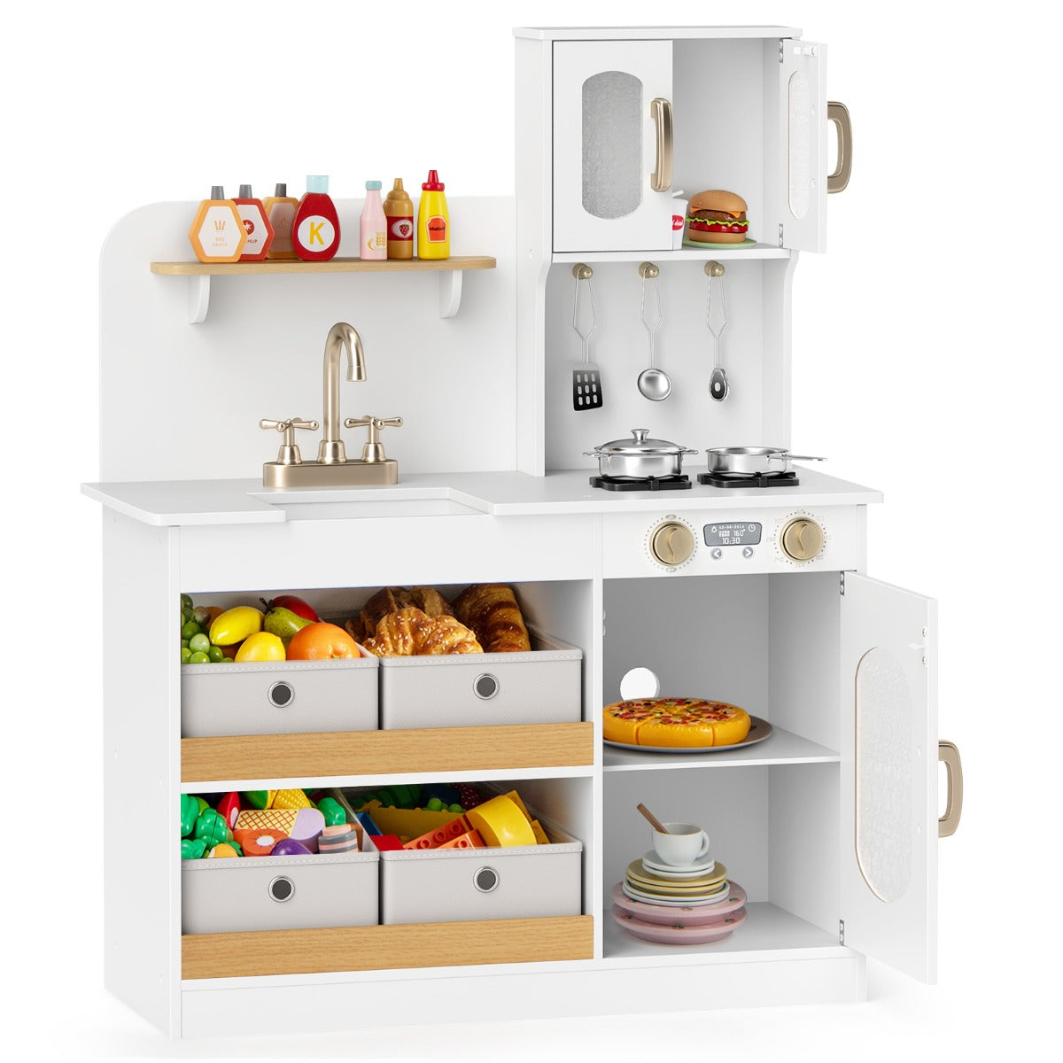 Play Kitchen for Kids with Storage and Stovetops for Children Ages 3+-White