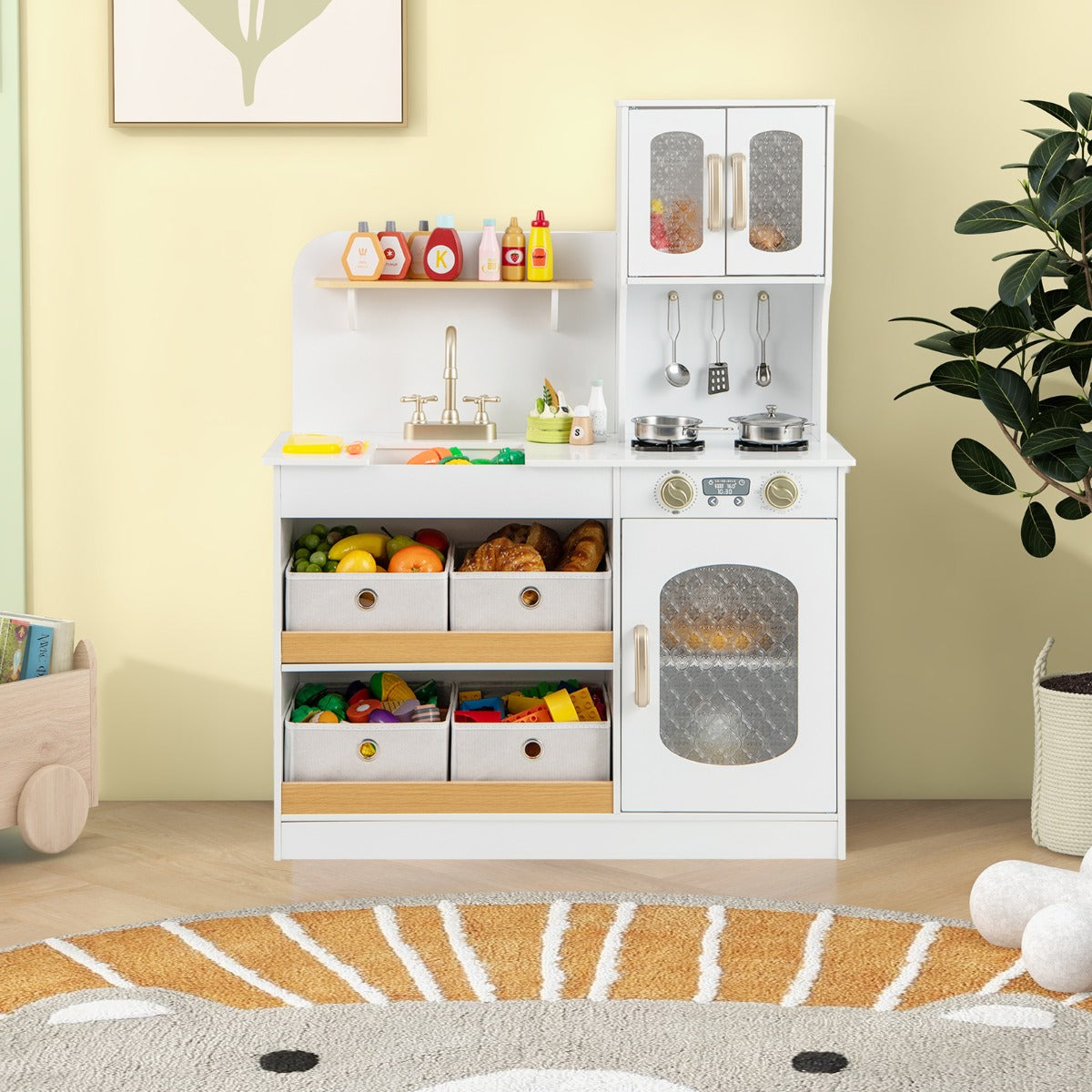 Play Kitchen for Kids with Storage and Stovetops for Children Ages 3+-White