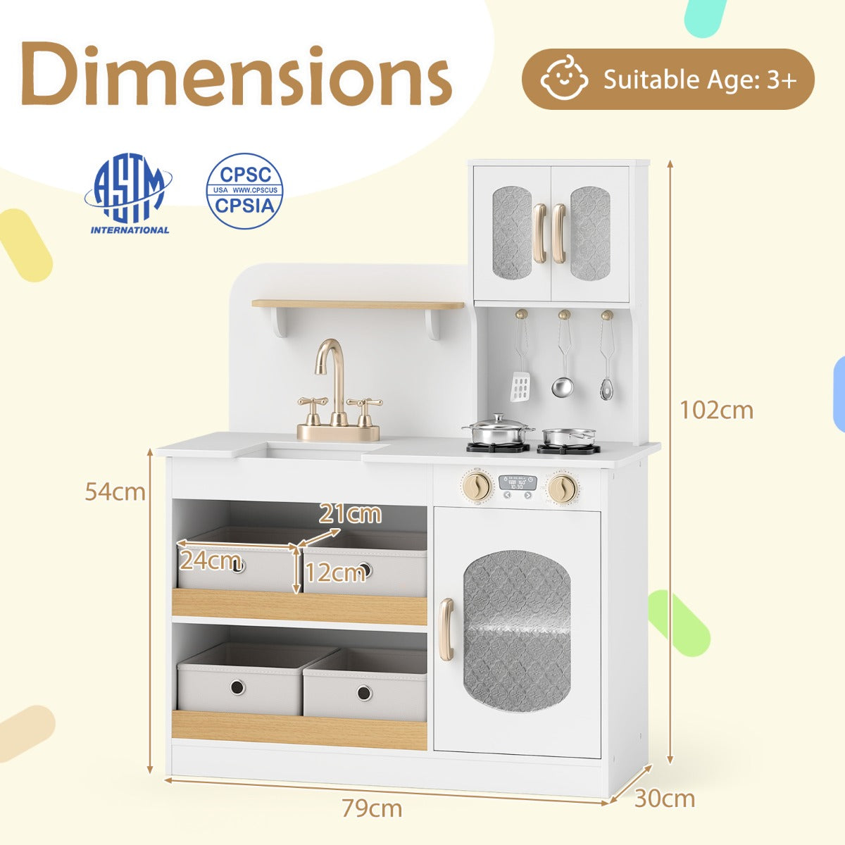 Play Kitchen for Kids with Storage and Stovetops for Children Ages 3+-White