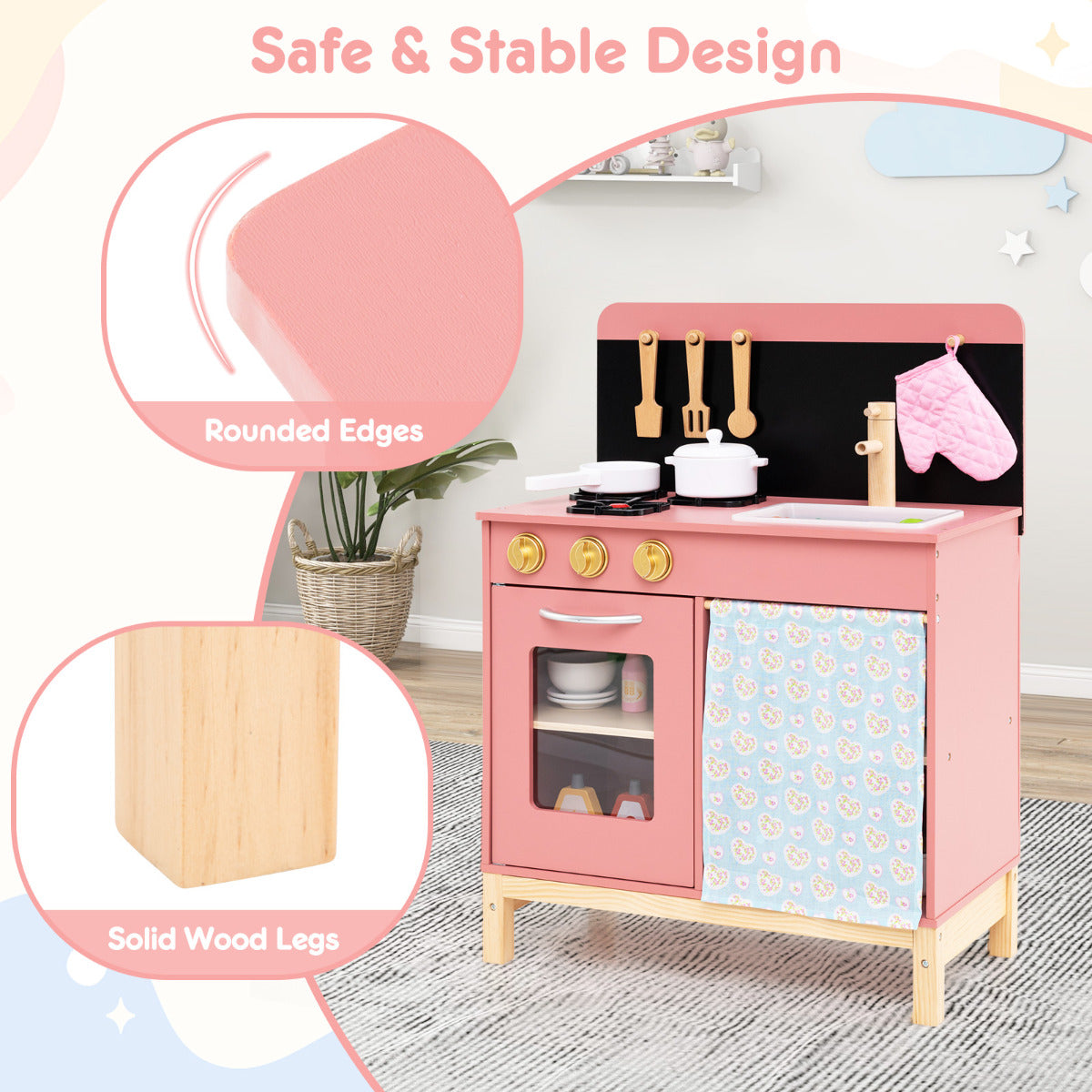 Play Kitchen for Kids Wooden Kitchen Playset Toy Kitchen Set Gift-Pink