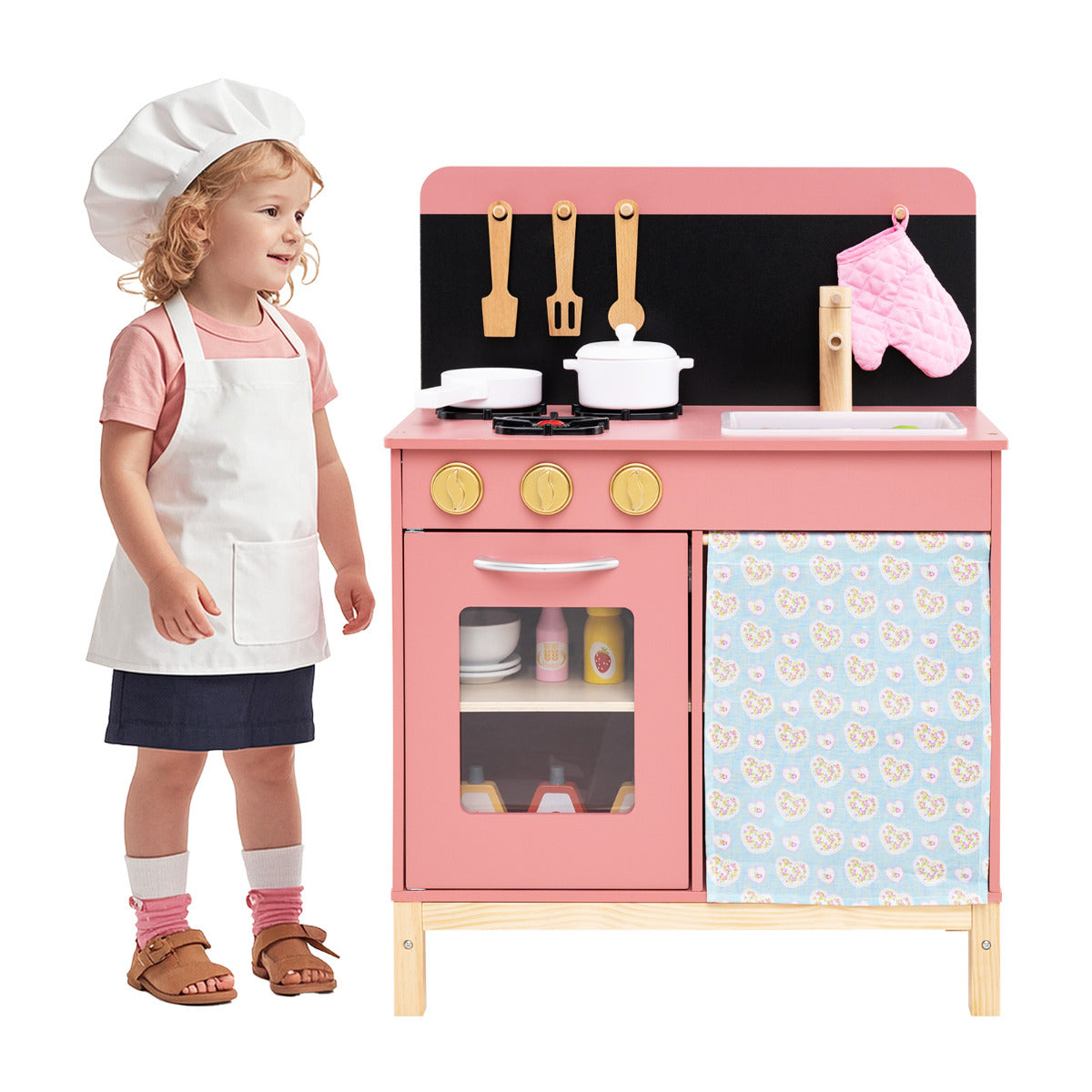 Play Kitchen for Kids Wooden Kitchen Playset Toy Kitchen Set Gift-Pink