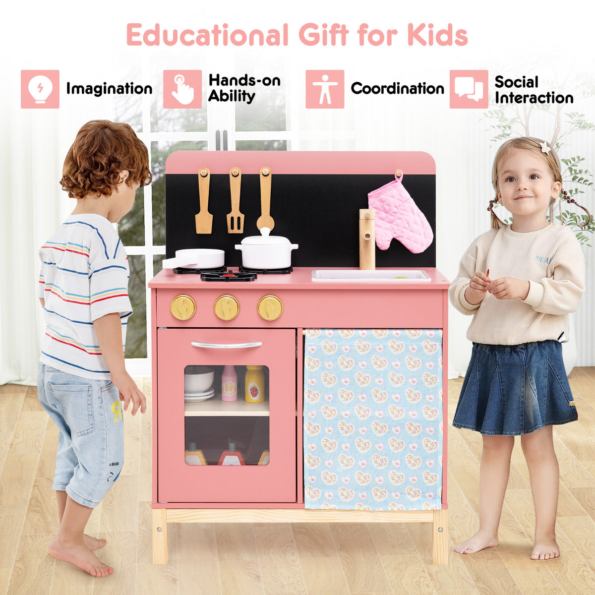 Play Kitchen for Kids Wooden Kitchen Playset Toy Kitchen Set Gift-Pink