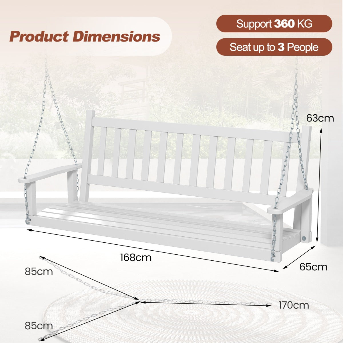 Costway 3-Person Wooden Outdoor Porch Swing for Garden, Backyard-White