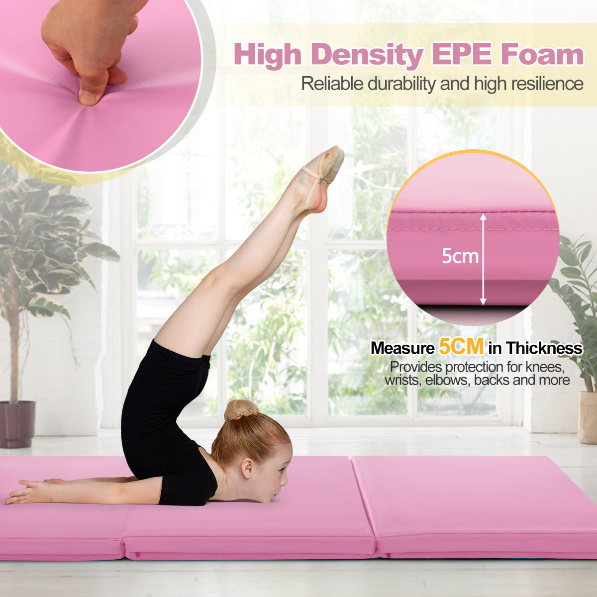 180 x 60 cm Portable 3-Fold Tumbling Mat with 2 Handles and Premium EPE Filler-Pink