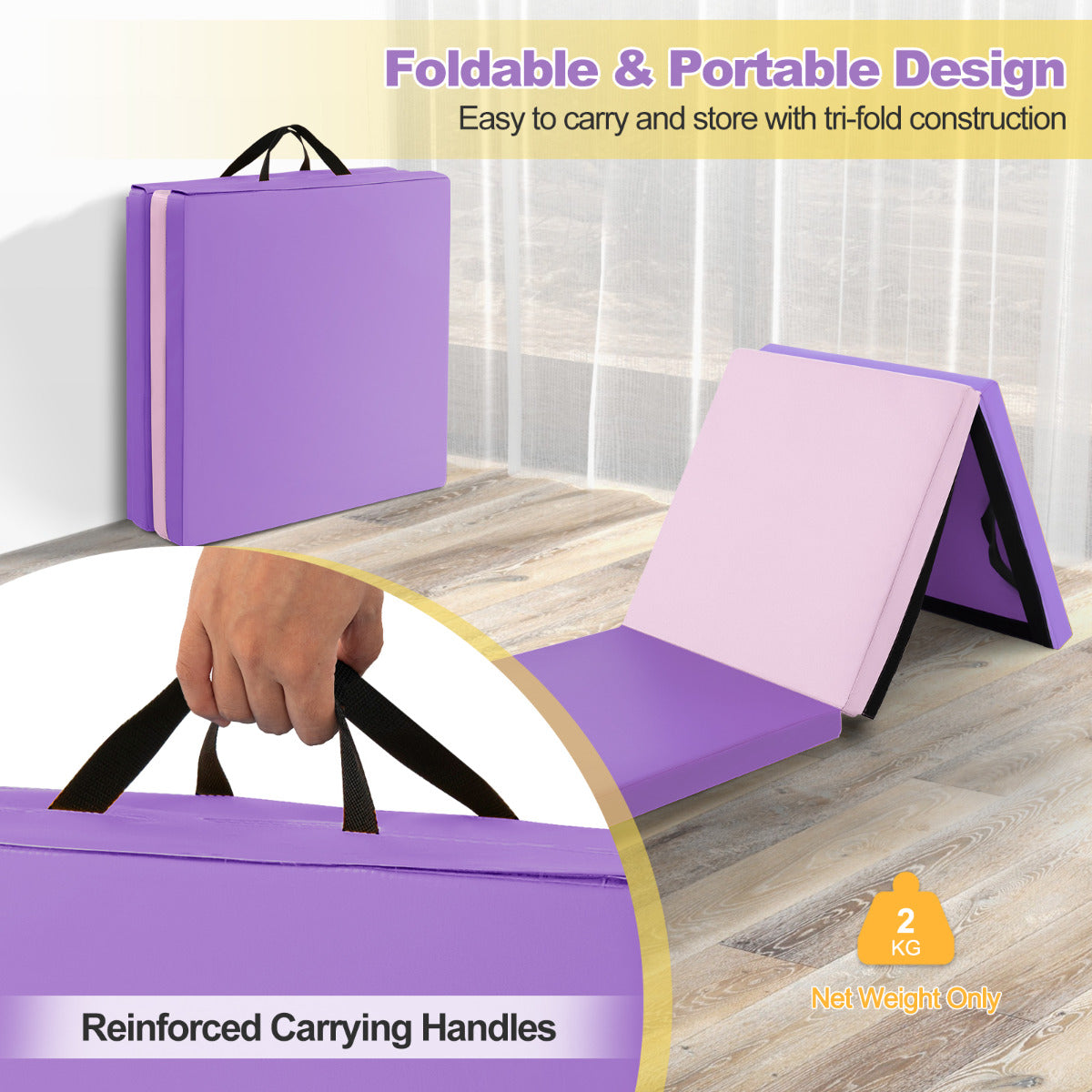 180 x 60 cm Portable 3-Fold Tumbling Mat with 2 Handles and Premium EPE Filler-Pink &amp; Purple