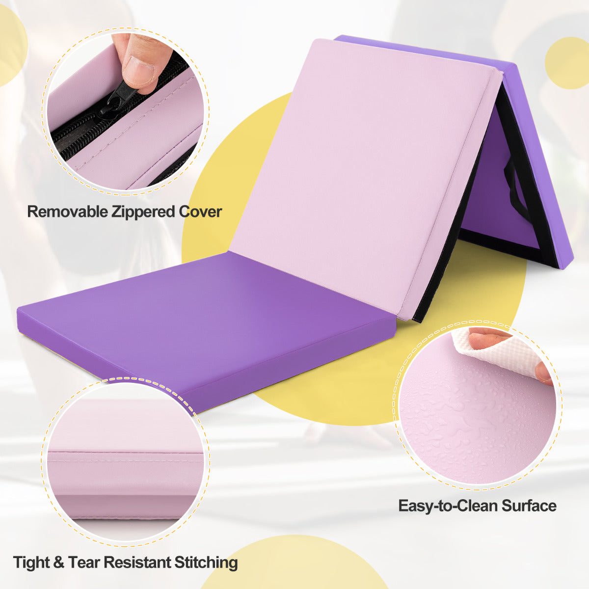 180 x 60 cm Portable 3-Fold Tumbling Mat with 2 Handles and Premium EPE Filler-Pink &amp; Purple