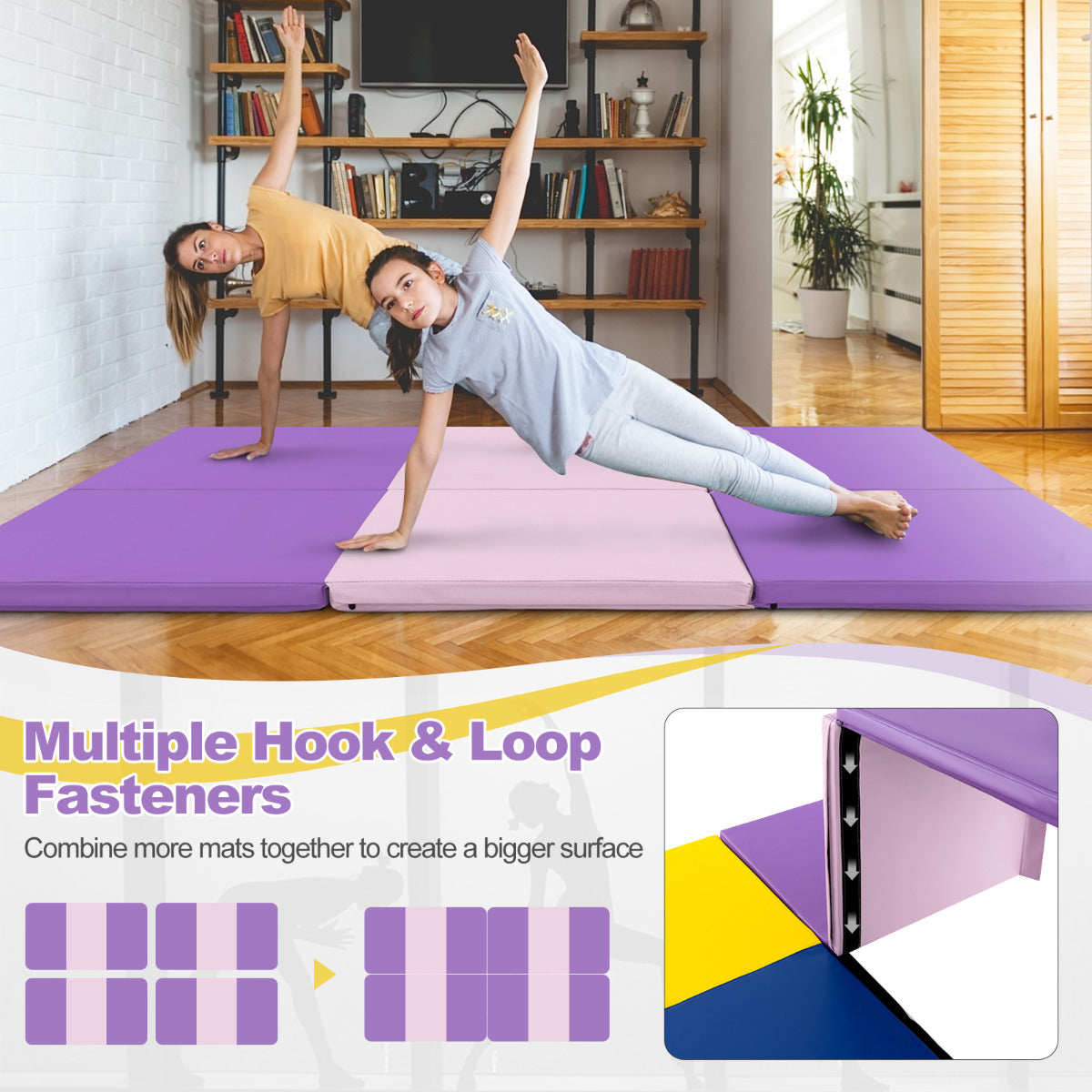 180 x 60 cm Portable 3-Fold Tumbling Mat with 2 Handles and Premium EPE Filler-Pink &amp; Purple