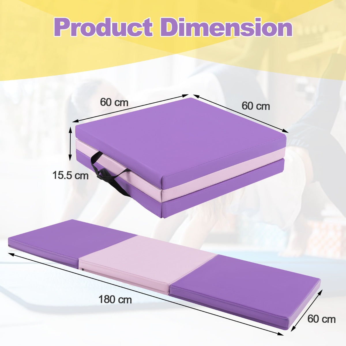 180 x 60 cm Portable 3-Fold Tumbling Mat with 2 Handles and Premium EPE Filler-Pink &amp; Purple