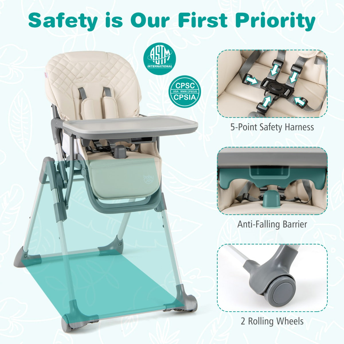Portable Adjustable Highchair with Footrest and Detachable Tray-Beige