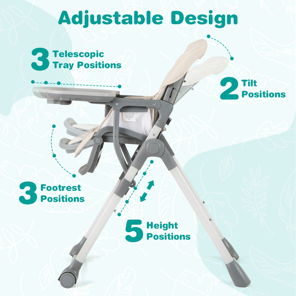 Portable Adjustable Highchair with Footrest and Detachable Tray-Beige