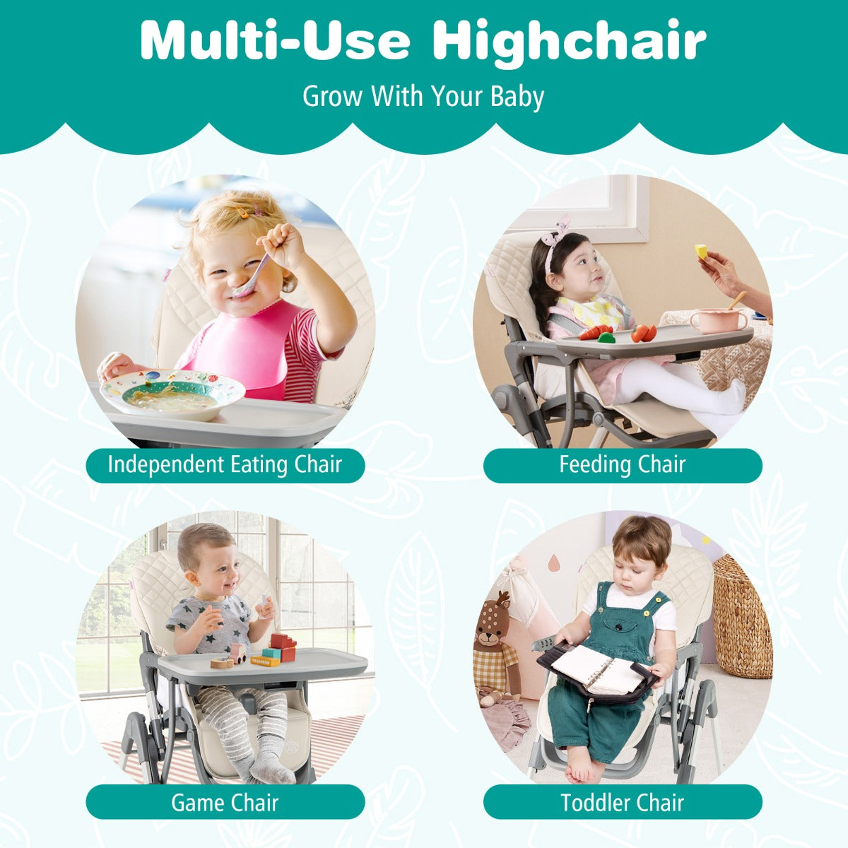 Portable Adjustable Highchair with Footrest and Detachable Tray-Beige