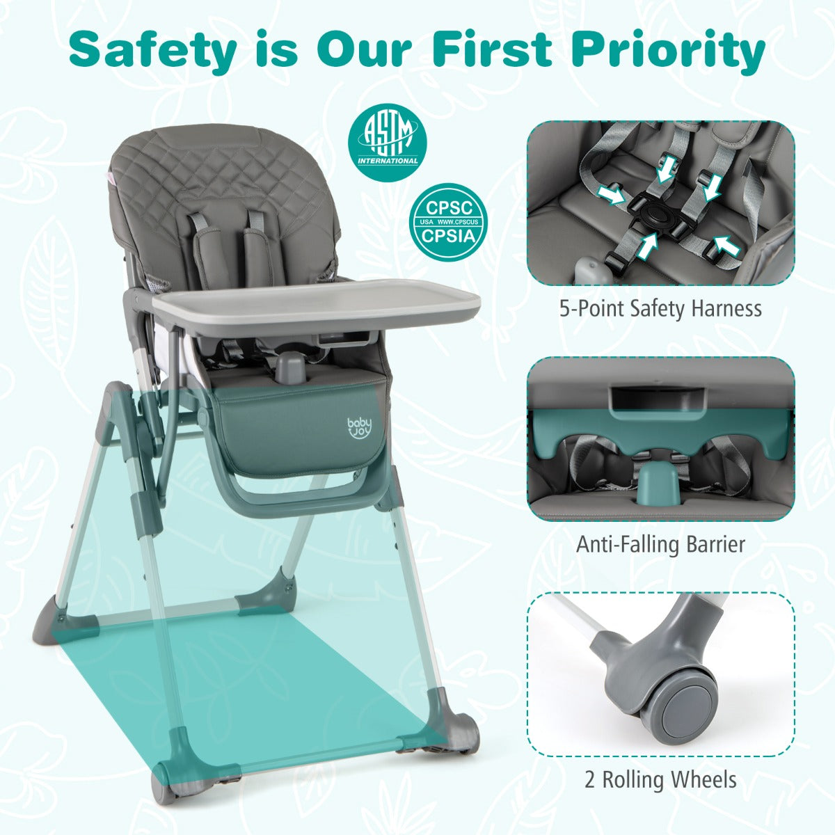 Portable Adjustable Highchair with Footrest and Detachable Tray-Grey