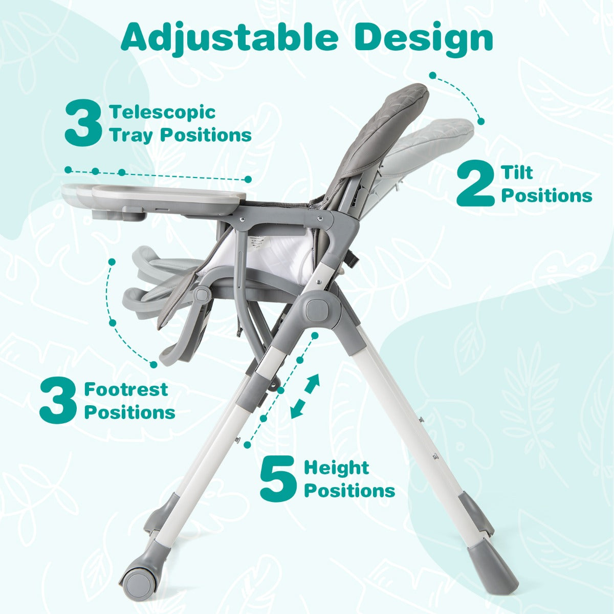 Portable Adjustable Highchair with Footrest and Detachable Tray-Grey