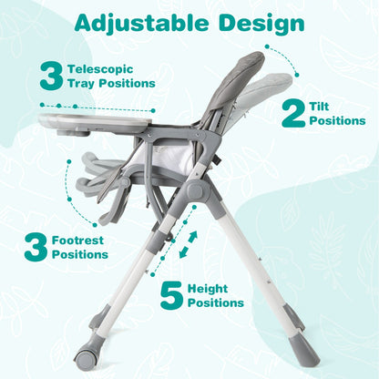 Portable Adjustable Highchair with Footrest and Detachable Tray-Grey