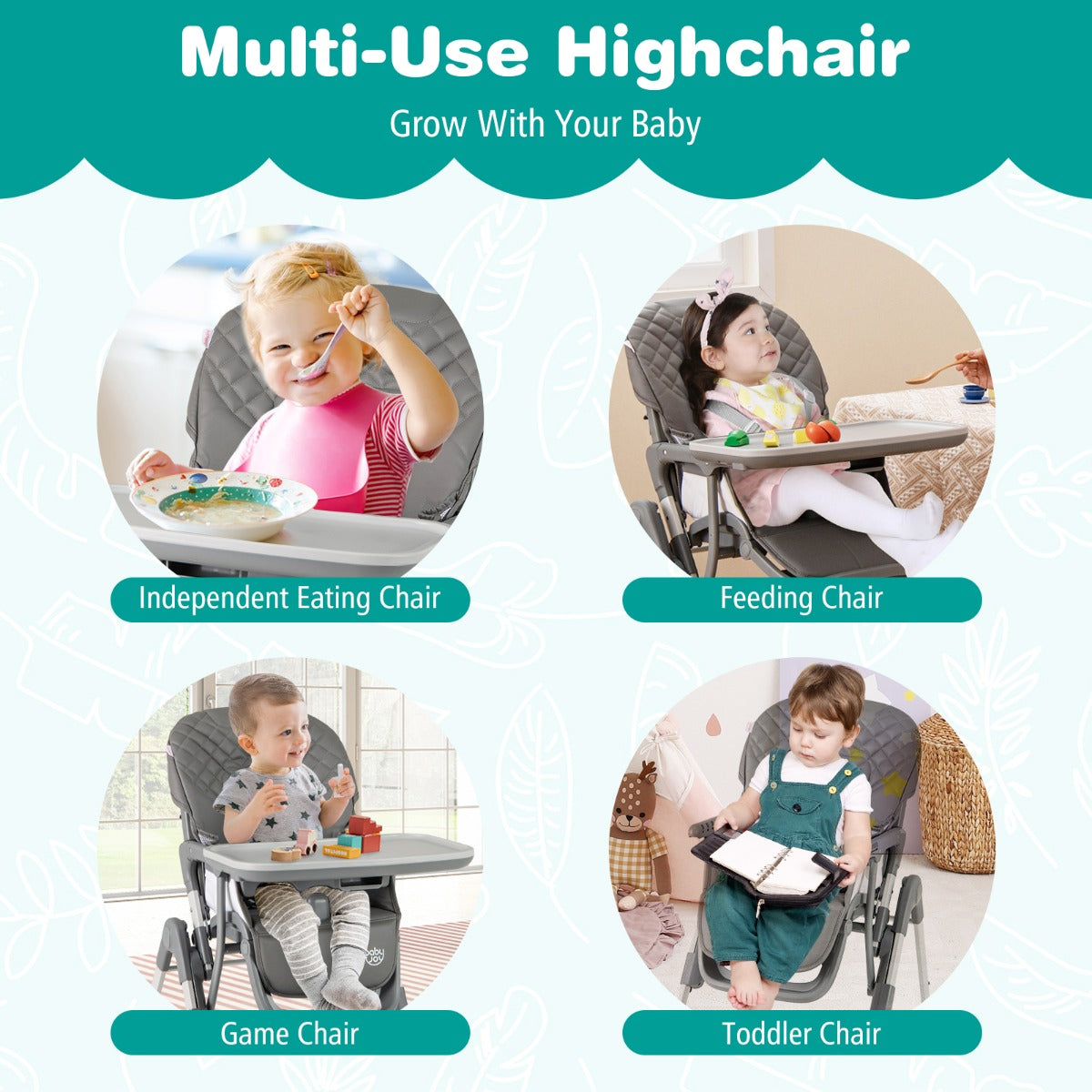 Portable Adjustable Highchair with Footrest and Detachable Tray-Grey