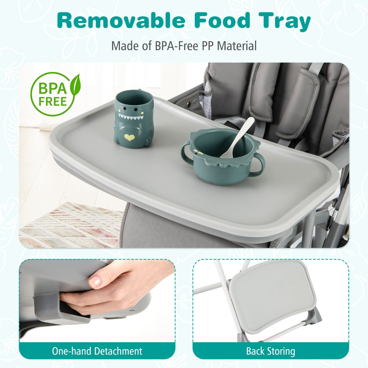 Portable Adjustable Highchair with Footrest and Detachable Tray-Grey