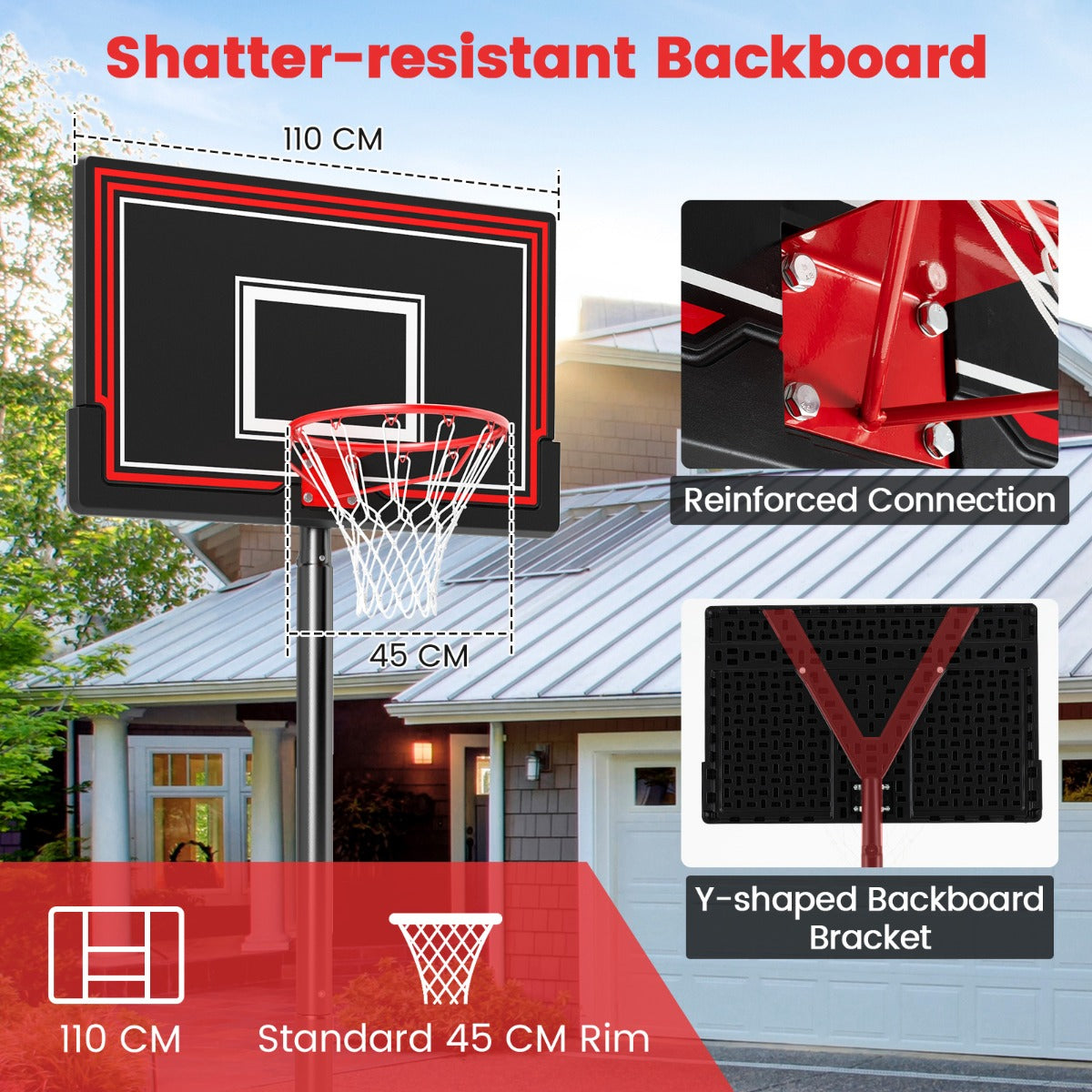 Portable Basketball Hoop with with 110cm Shatterproof Backboard and Wheels