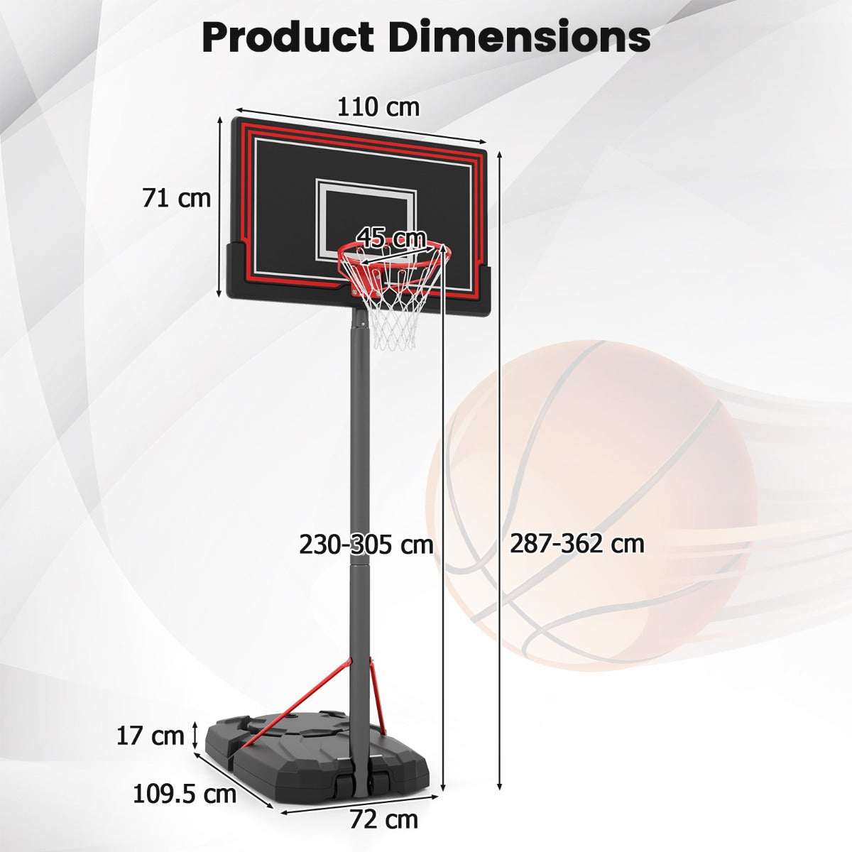 Portable Basketball Hoop with with 110cm Shatterproof Backboard and Wheels