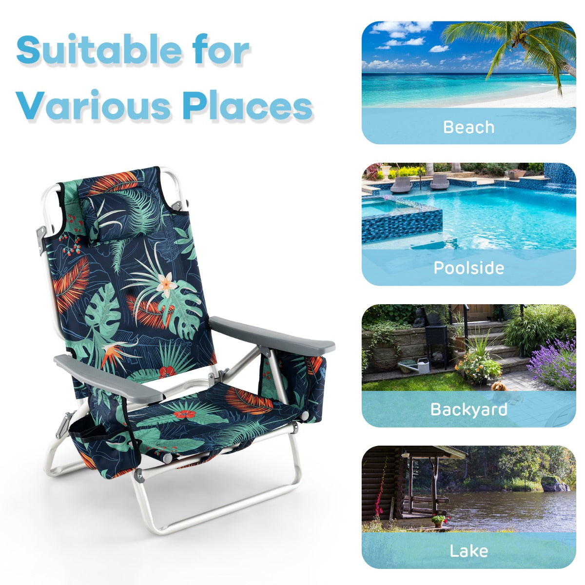 Portable Camping Chairs with 5 Adjustable Positions for Lawn/Poolside-Black