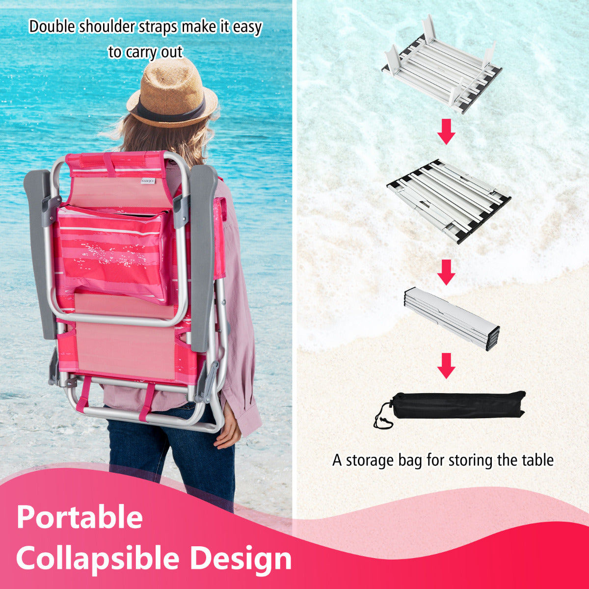 Portable Camping Chairs with 5 Adjustable Positions for Lawn/Poolside-Pink