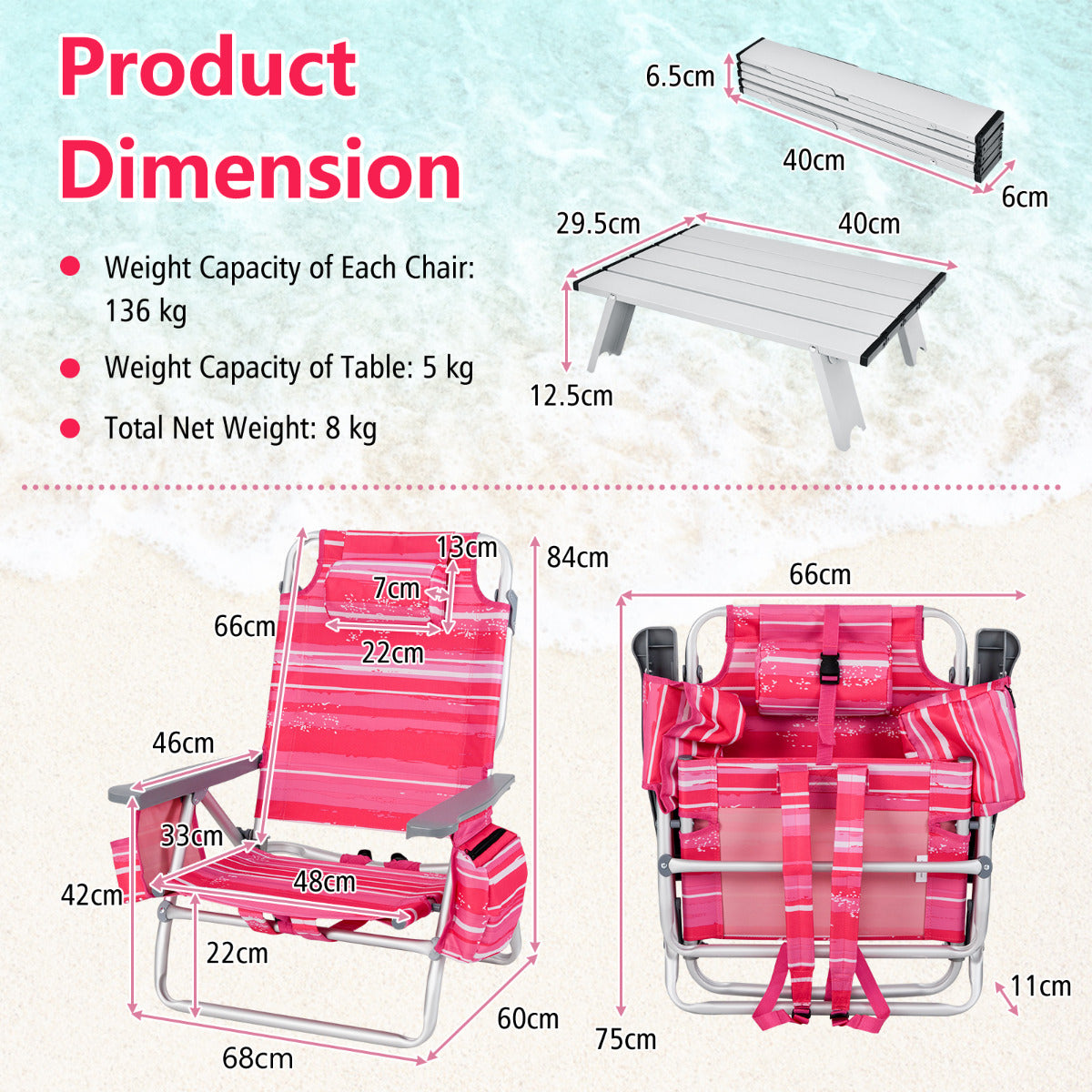 Portable Camping Chairs with 5 Adjustable Positions for Lawn/Poolside-Pink