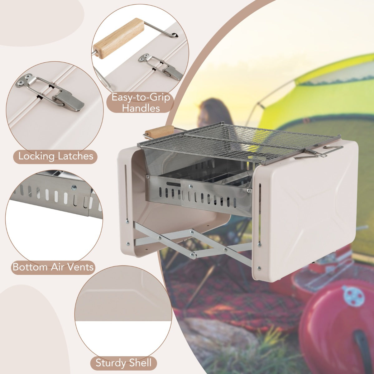 Portable charcoal stove is suitable for camping, picnics, backpacking, and BBQ parties