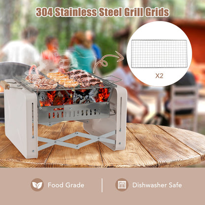 Costway Portable Charcoal Grill Folding BBQ Grill with Dishwasher-safe Grill Grids-Beige