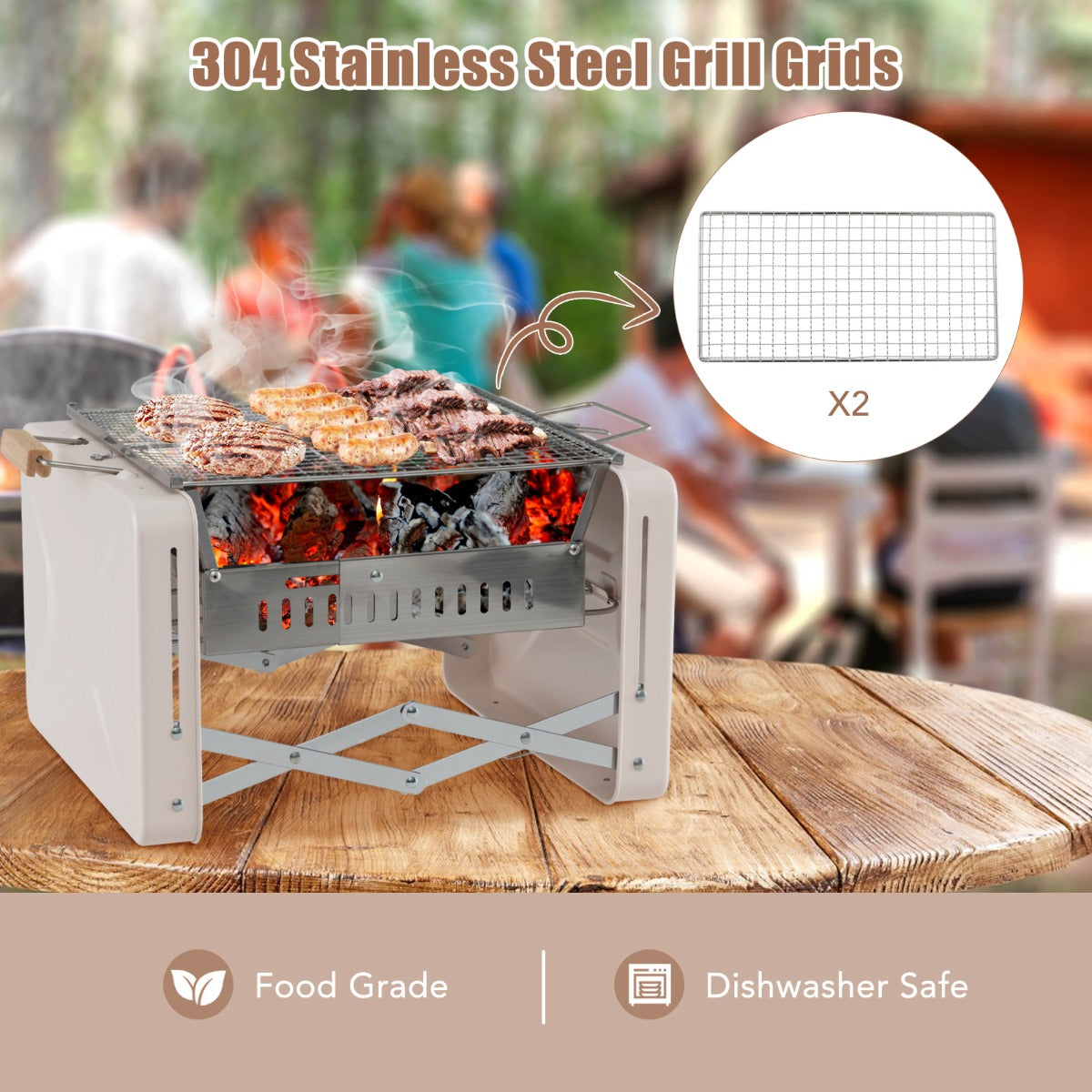 Foldable charcoal grill converts into a compact suitcase for simple storage and transport